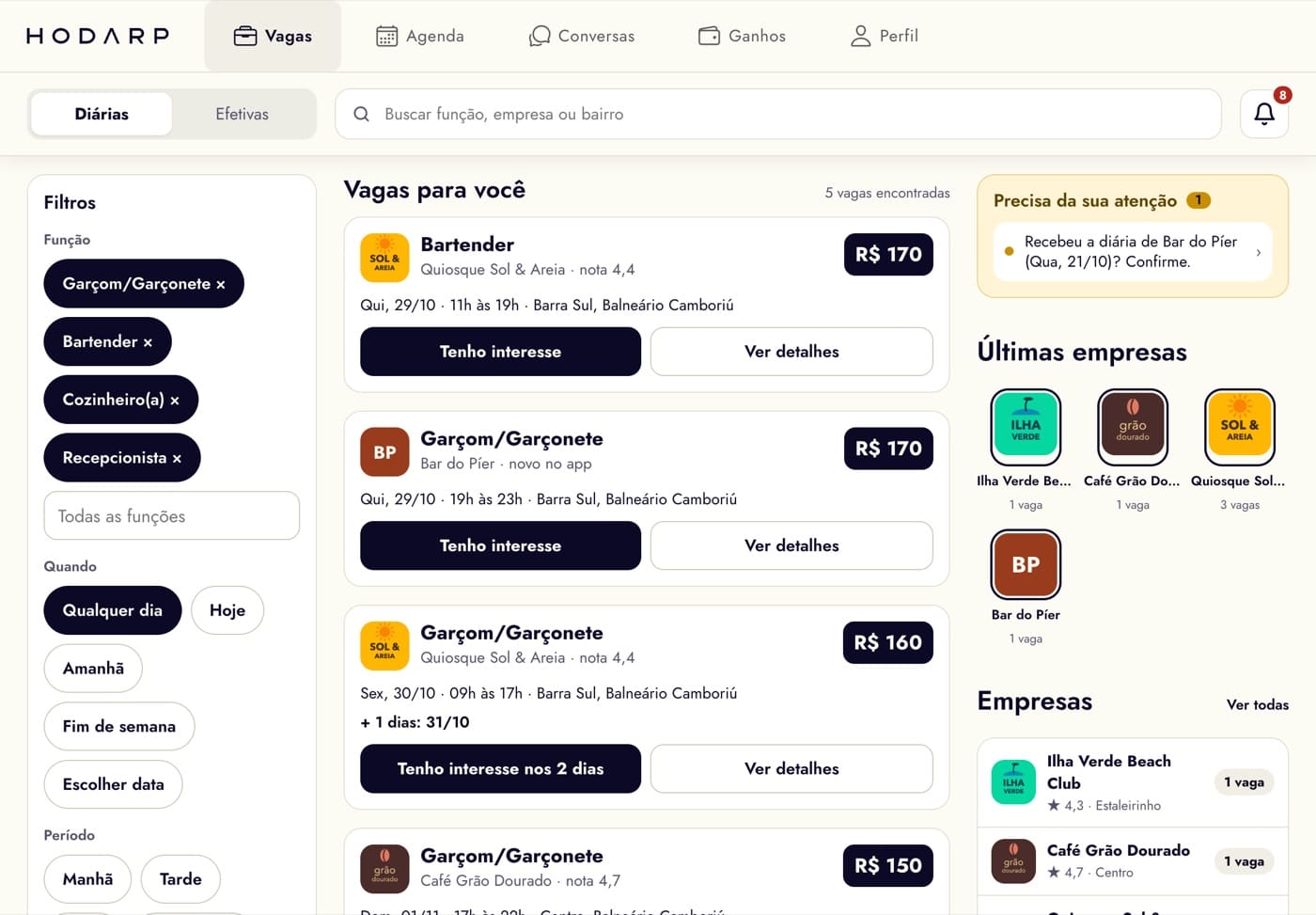 Hodarp Empregos no tablet: lista de diárias com filtros