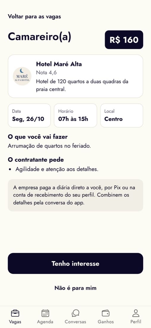 Tela do app: detalhe de uma diária com data, horário, local e o botão Tenho interesse