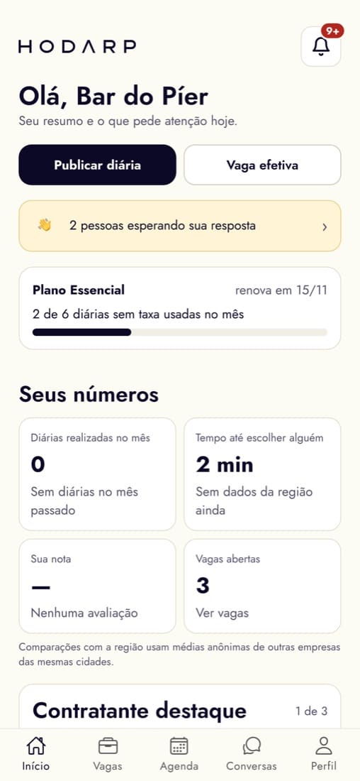 Tela do app de quem contrata: botões Publicar diária e Vaga efetiva e o resumo do plano