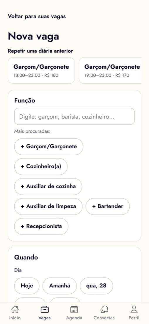 Formulário de publicar diária, com a escolha da função