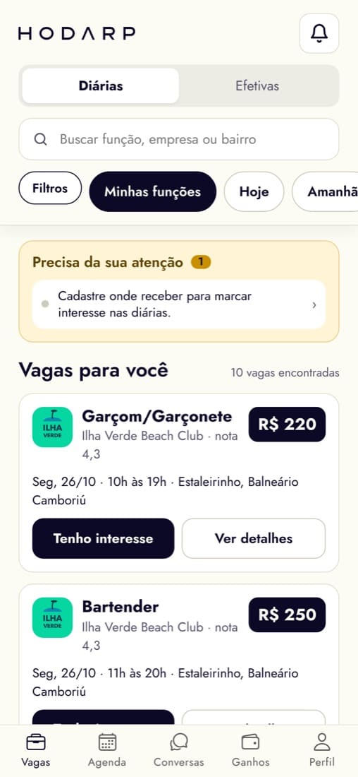 Lista de diárias abertas, com função, data, horário, local e valor